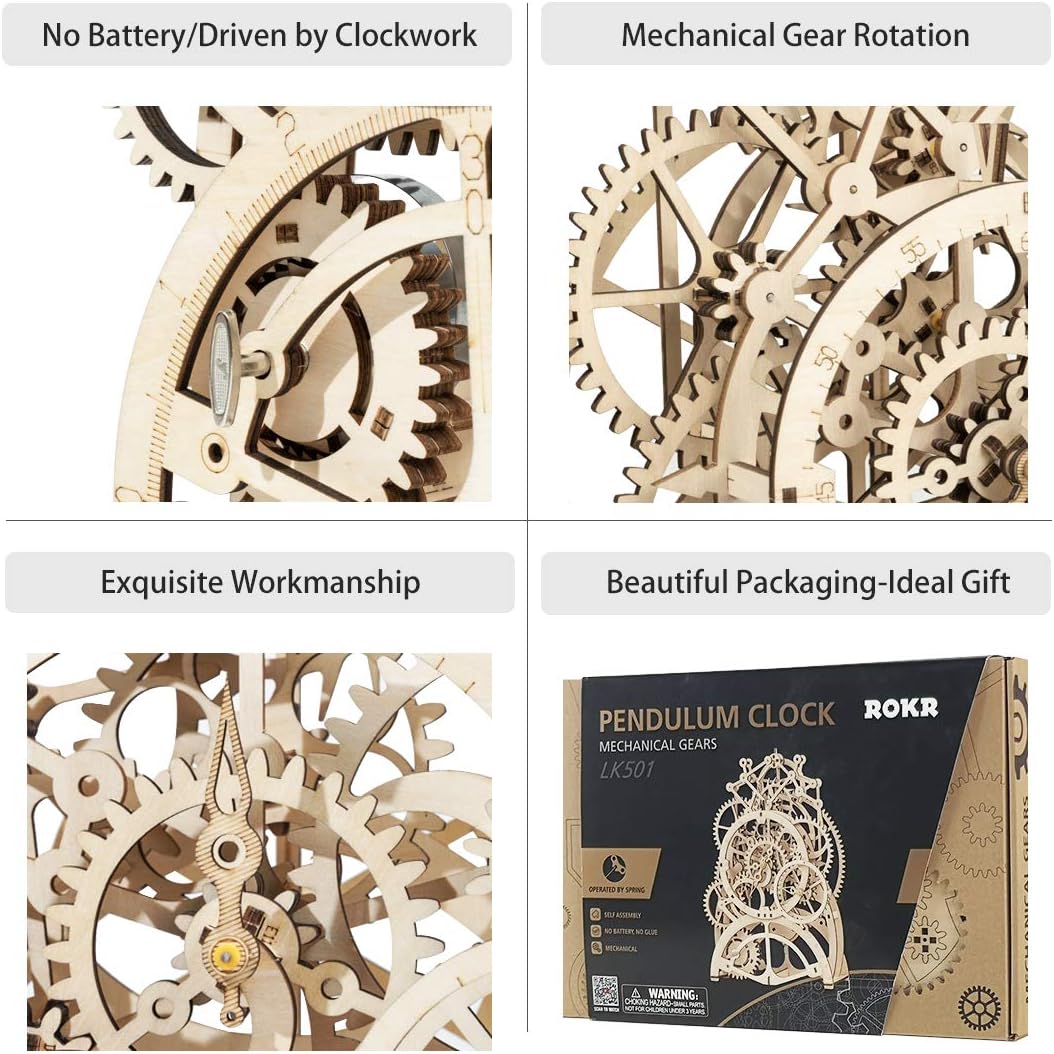 ROKR Pendulum Clock Mechanical Gears 3D Wooden Puzzle LK501