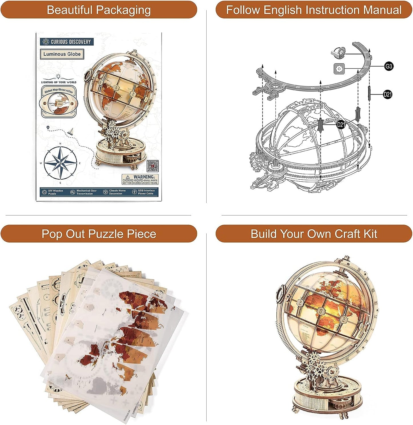 ROKR Luminous Globe Curious Discovery 3D Wooden Puzzle ST003