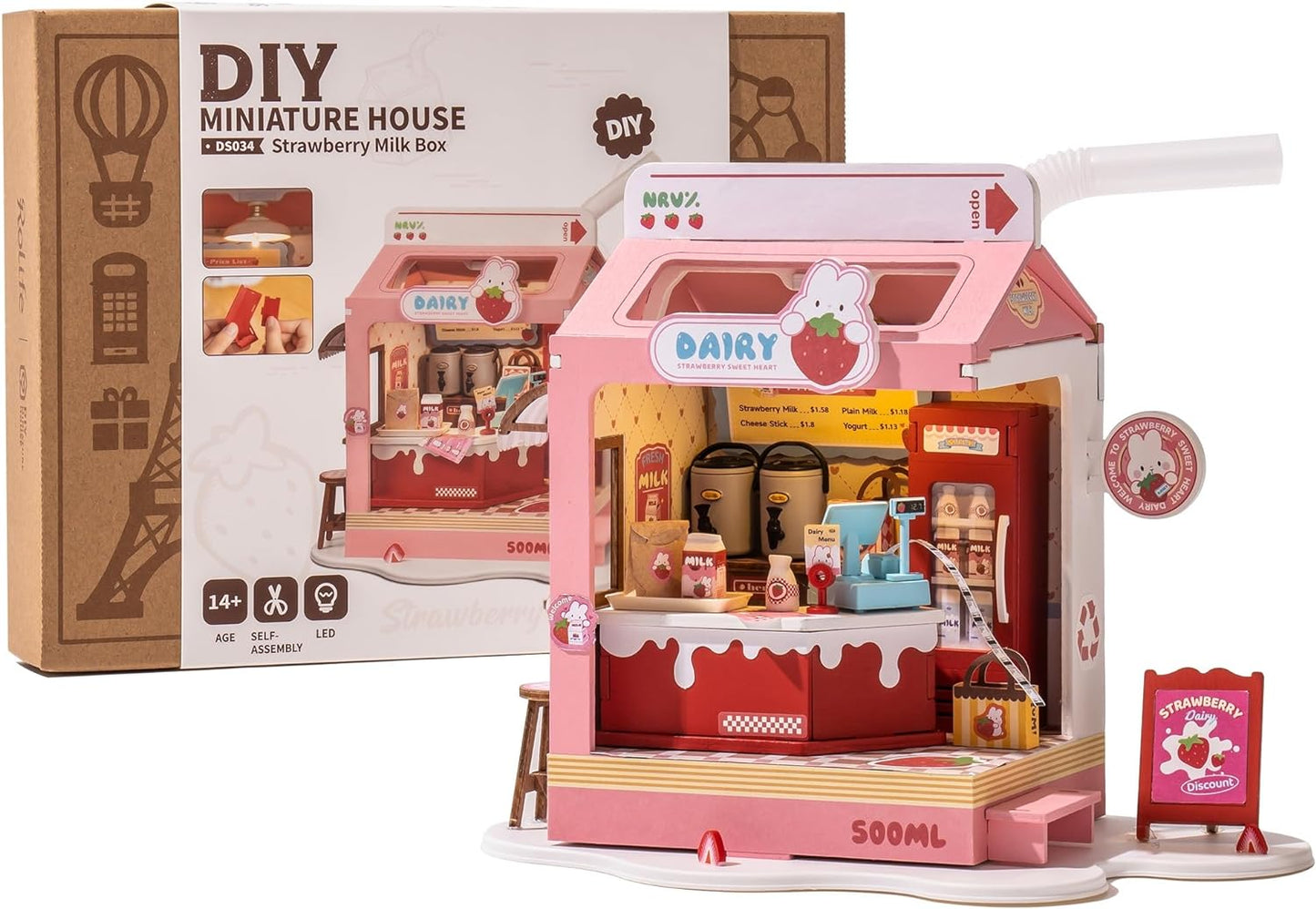 Rolife Food Box Shop DIY Miniature House Kit Strawberry Milk Box DS034