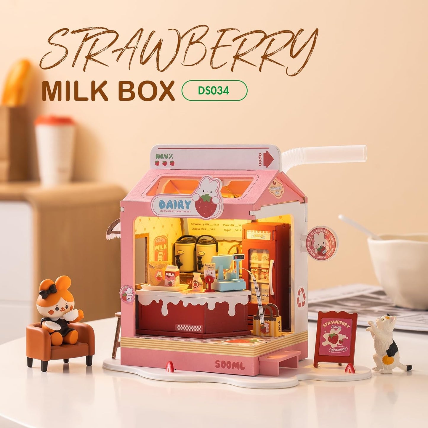 Rolife Food Box Shop DIY Miniature House Kit Strawberry Milk Box DS034