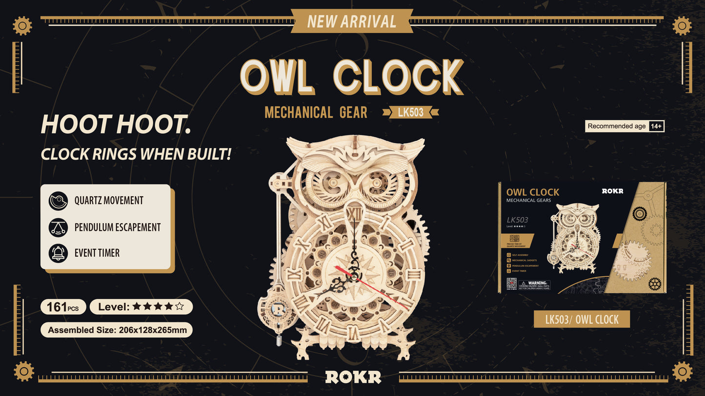 ROKR Owl Clock Mechanical Gears 3D Wooden Puzzle LK503