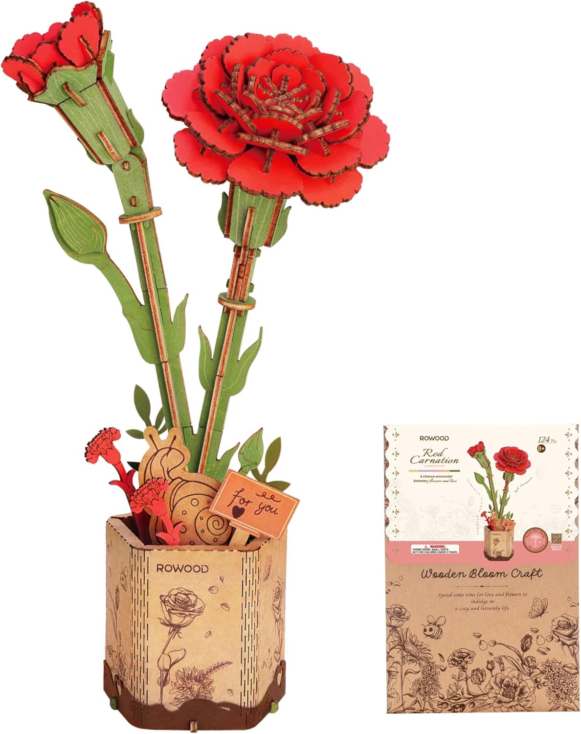 Rowood DIY Wooden Flower red carnation 3D Wooden Puzzle TW052