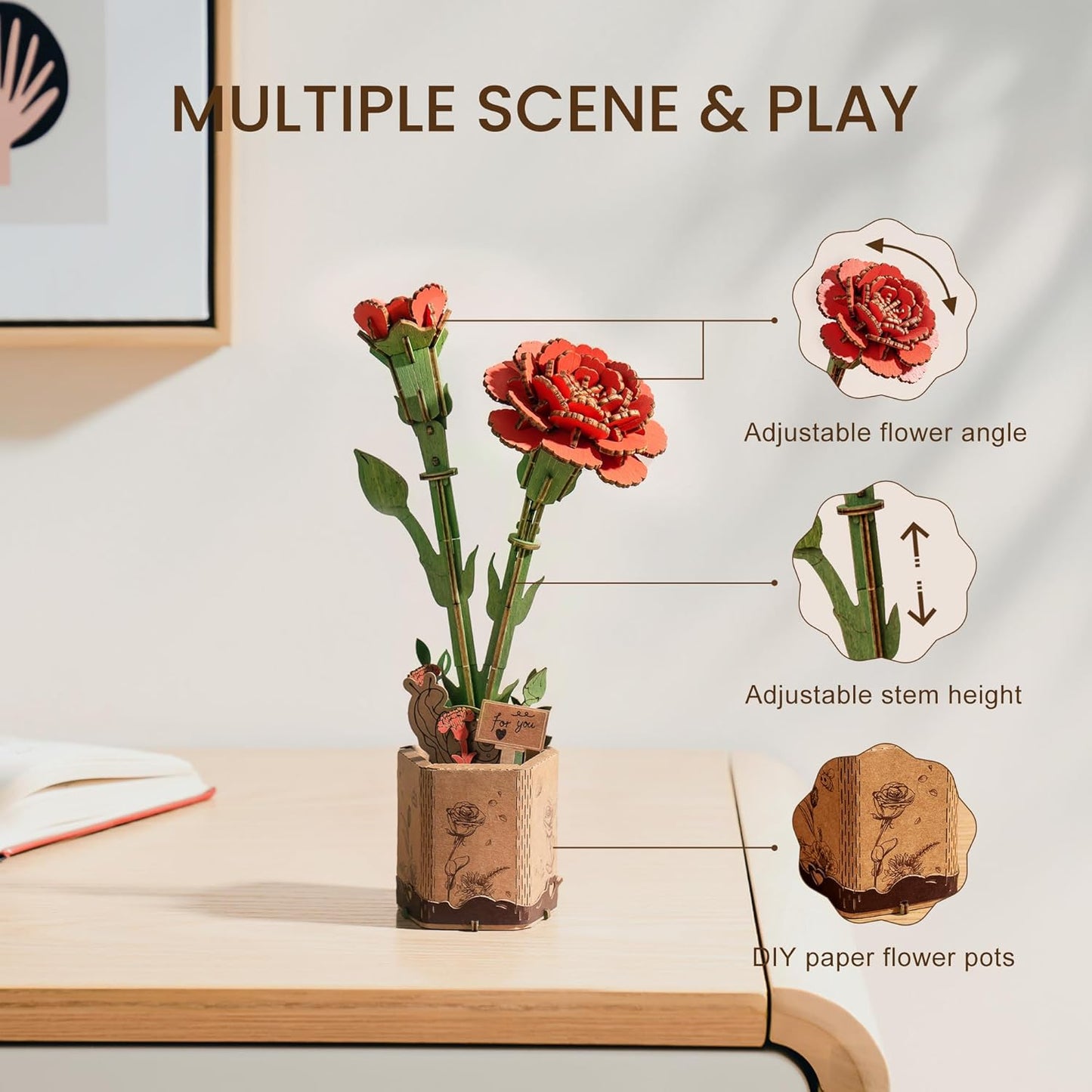 Rowood DIY Wooden Flower red carnation 3D Wooden Puzzle TW052