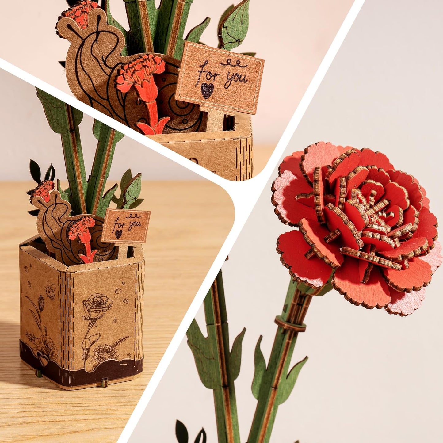 Rowood DIY Wooden Flower red carnation 3D Wooden Puzzle TW052